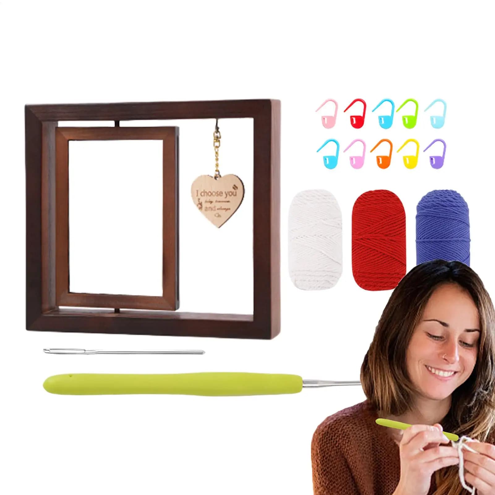Handmade frames 360 degree wheel Jewellery clothes hanger 8,27x9,06x1,77 inch Crochet materials Wooden earrings Wall organizer for women