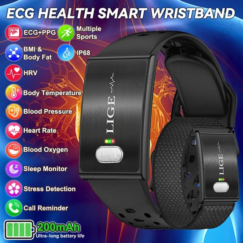 Braccialetto Intelligente LIGE ECG+PPG SpO2 per Sport, Monitoraggio Grasso Corporeo BMI, Frequenza Cardiaca, Pressione Sanguigna, Contapassi, Fitness Tracker, Smartwatch
