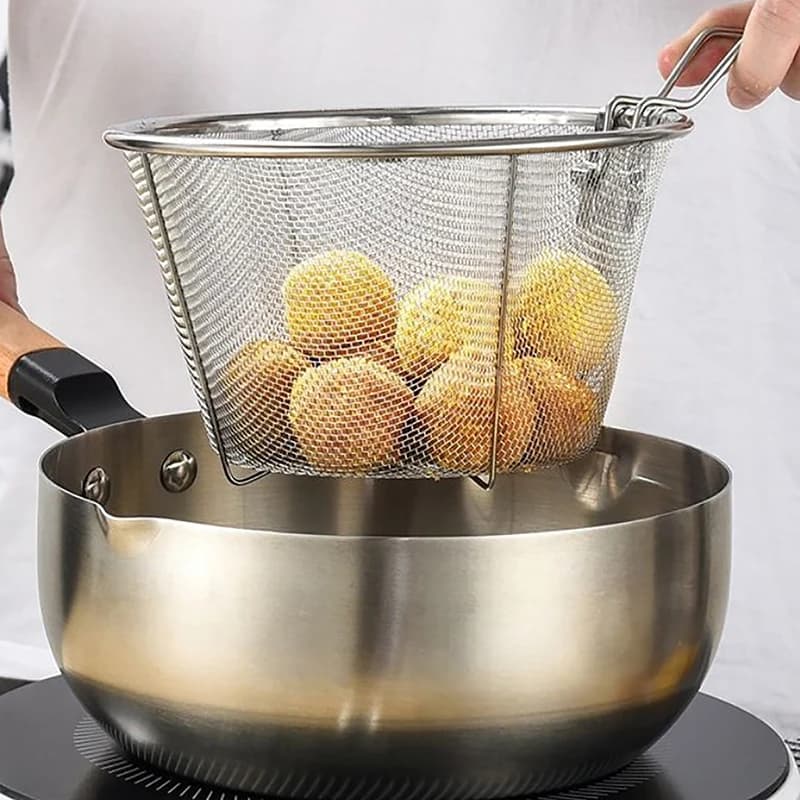 Padella circolare con rete metallica e manico, cestello per patatine fritte, cestello per frittura profonda in acciaio inossidabile, cucina