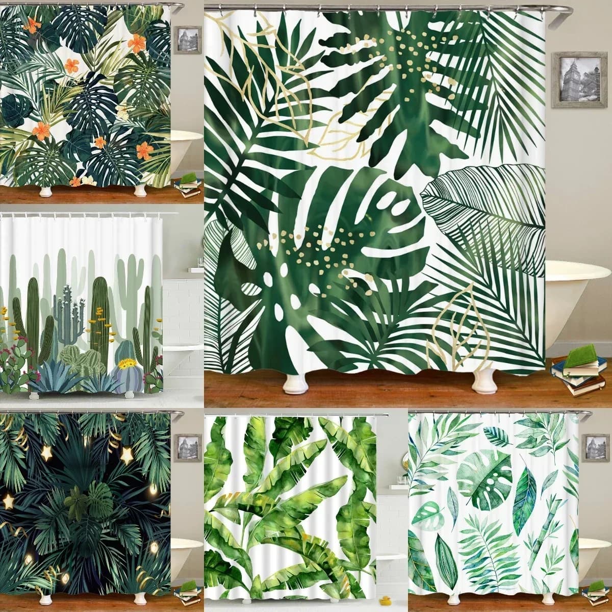 Tende da doccia con piante tropicali verdi stampate in 3D Bagno con foglie in poliestere impermeabile Tenda da bagno Tenda da doccia Schermo da bagno