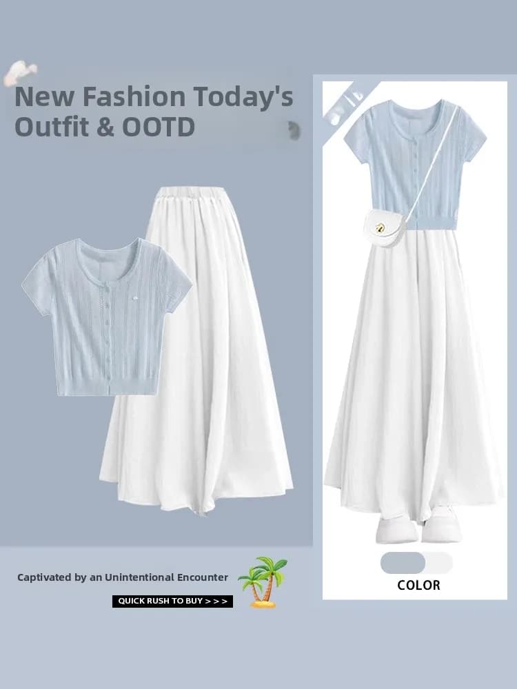 Completo estivo da donna: T-shirt a maniche corte e gonna midi ampia, set due pezzi blu casual alla moda in fibra di poliestere