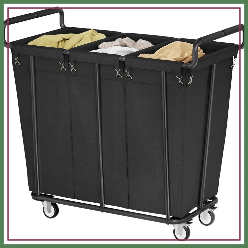 Cesto portabiancheria grande con ruote, carrello portabiancheria a 3 sacchi da 360L, cesto organizer per vestiti extra resistente per lavanderia, bagno, nero