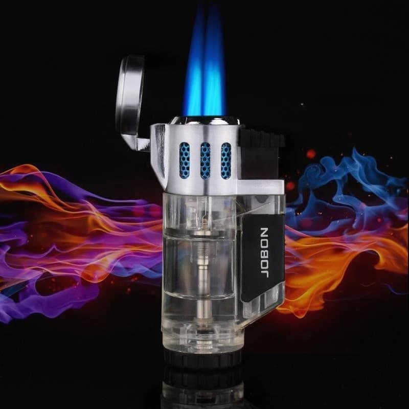Jobon Antivento Blu Fiamma Accendisigari a 3 Fuoco Carburante Visibile Finestra Torcia Accendino Accessorio per Fumatori da Uomo di Fascia Alta Regalo