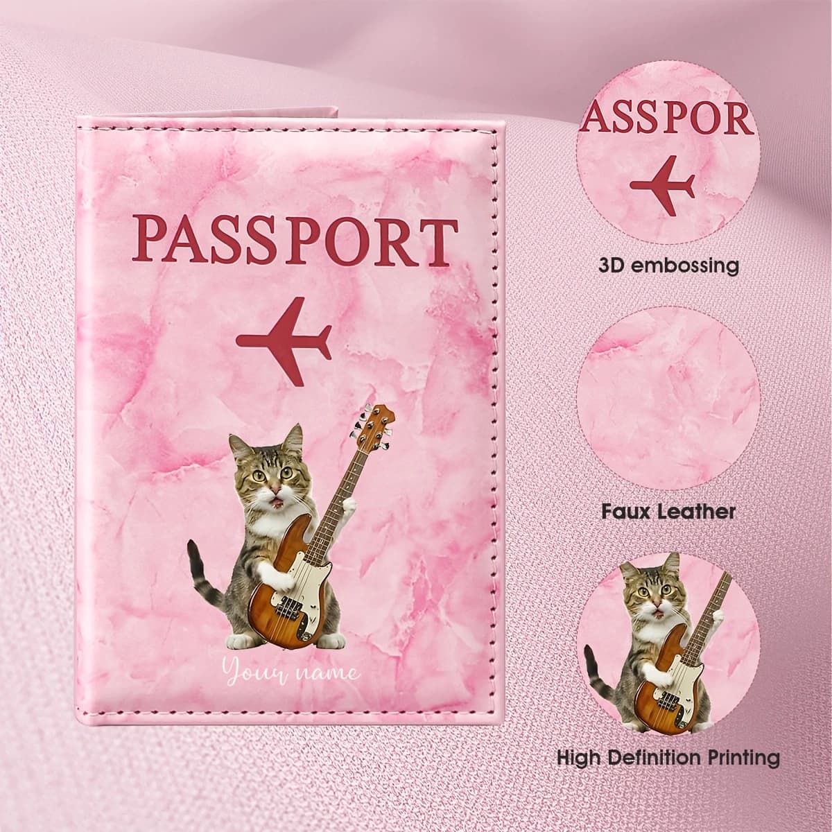 Custom Name Cat Playing Guitar Fun Illustration PU Passport Holder, Cute Cat Holding an Electric Guitar in a Performance Scene