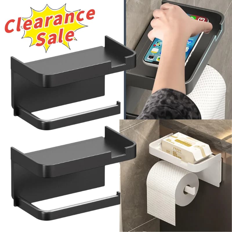 2PCS Wall-Mounted Toilet Paper Holder with Shelf No-Drill Design Bathroom Organizer Multi-Function Toilet Paper Roll Holder