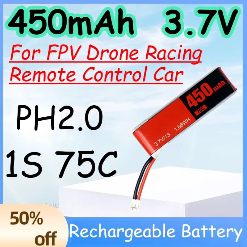 Batteria Lipo Ricaricabile 450mAh 1S 3.7V 75C di Ricambio per Droni FPV e Auto Telecomandate con Connettore PH2.0