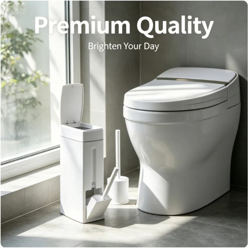 Narrow Bathroom Trash Can With Toilet Brush Covered Space Saving Garbage Bin Household Washroom Storage Accessory