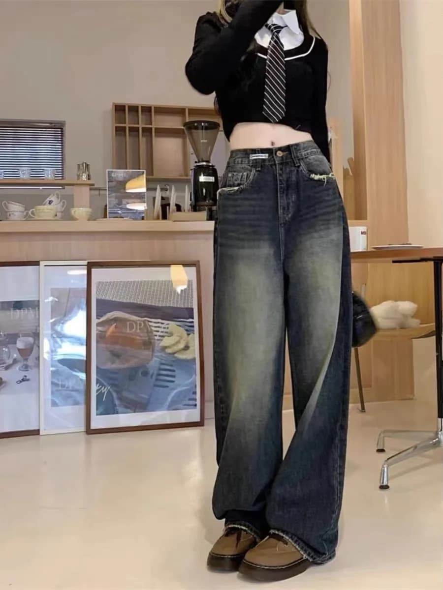 Jeans in denim a vita alta, gamba dritta e ampia, da donna, primavera autunno, taglie forti, design sfrangiato, pantaloni a gamba larga drappeggiati