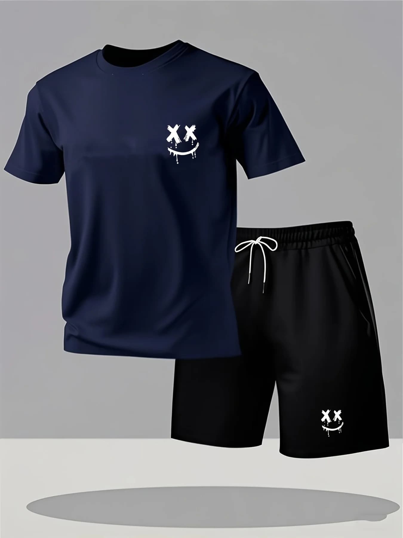 Men's Sports Clothing Set for Outdoor Activities - Short Sleeved T-shirt with Print and Breathable Casual Shorts, 2-piece Set
