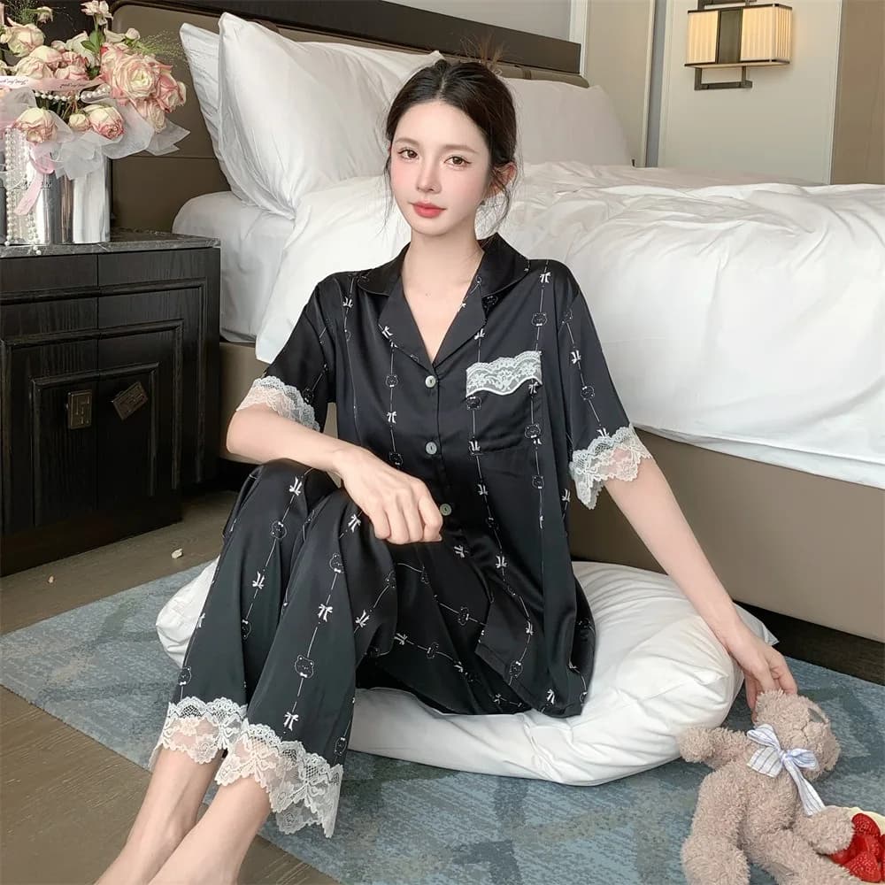 Ice silk women's summer lace suit short sleeved pants cardigan home clothes cool and casual, can be worn outside pajamas