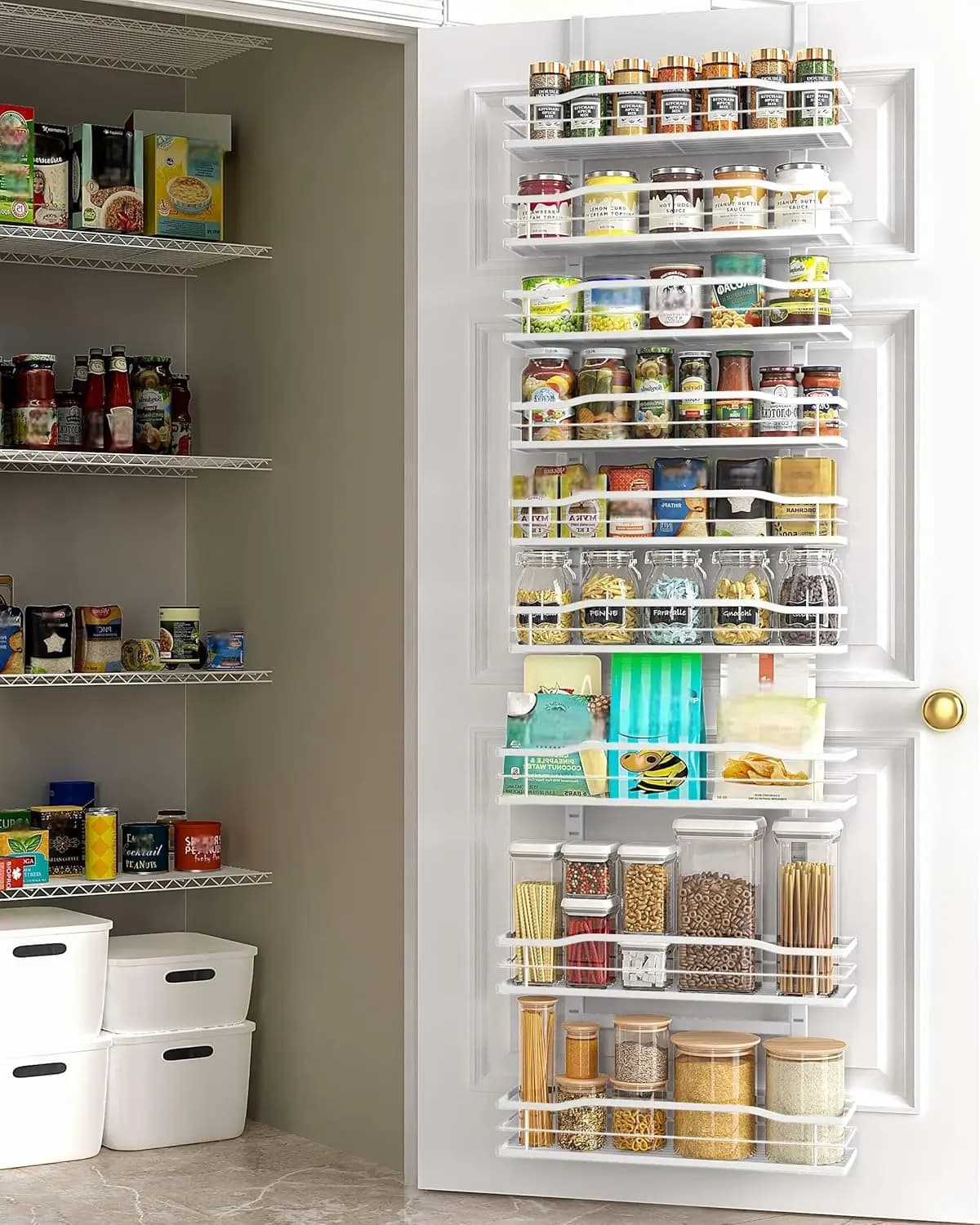 Organizer to hang at the door at 9 levels, metal shelves for spices, for preservation in the kitchen, laundry and bathroom.