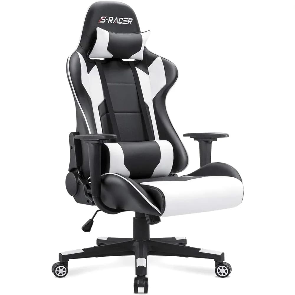 Sedia da gioco ergonomica con poggiatesta regolabile e supporto lombare, sedia da scrivania con schienale alto in bianco