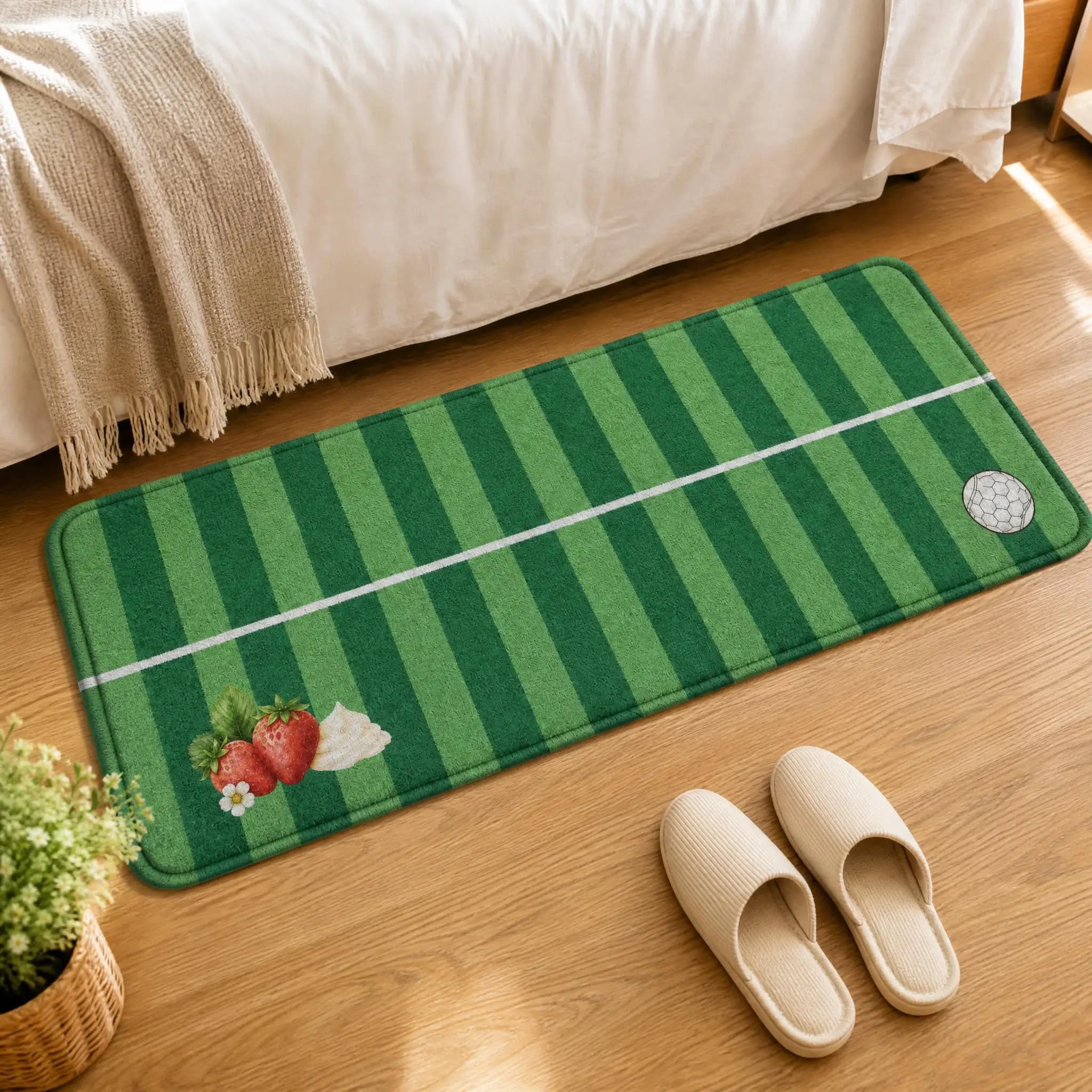 Green Stripe Soccer Strawberry Runner Rug, Vintage Strawberry Cream Daisy Football Field Print Non Slip Absorbent Long Doormat,