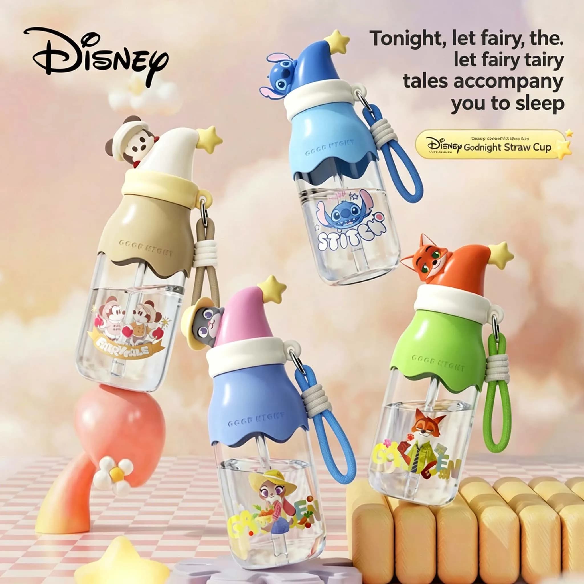 Borraccia Disney Good Night con Licenza Ufficiale 600ml Tritan 24.5cm, Bicchiere Portatile con Doppia Cannuccia e Cordino, Anti-perdita