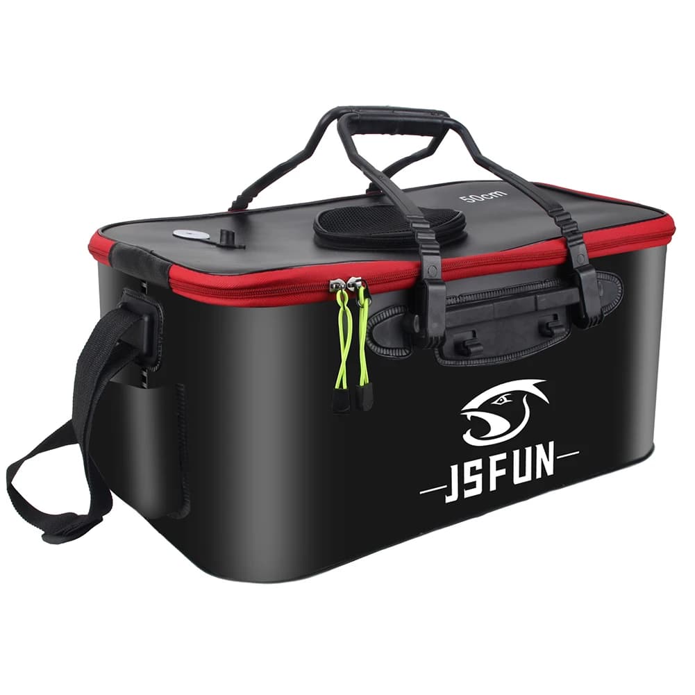 EVA fishing bucket with side pockets and zipper folding container for live fish bucket protection for fish with top cover in breathable mesh
