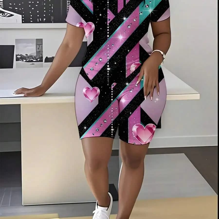 Set di pantaloncini a maniche corte da donna, rosa, nero, verde acqua, con stampa geometrica a cuore, scintillante, casual