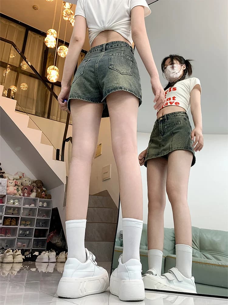 High Waist Denim Skirt Women's Summer Slimming A-Line Shorts Skirt Sexy Girl Fake Two-Piece Anti-Light Small Size