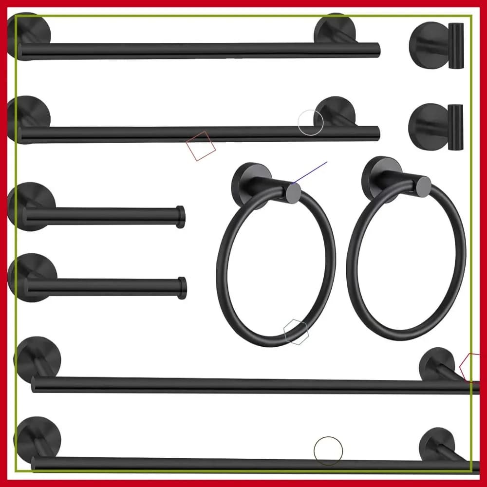 Set di 10 barre porta asciugamani nere - Barre da 23,6 e 16 pollici, ganci, anelli e porta carta igienica