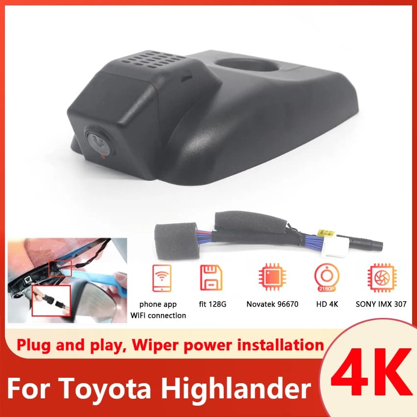 Videocamera DVR 4K per auto, nascosta, plug and play, con Wi-Fi, per Toyota Highlander LE SE XLE XSE UX70 2018 2019 2020 2021
