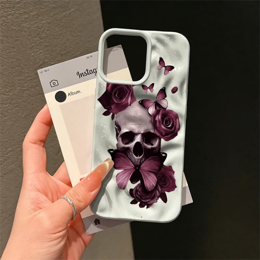 Skull Rose Butterfly Fashion Wave Pattern TPU Cover For iPhone 17 16 15 14 13 12 11 Anti Drop Anti Scratch Case