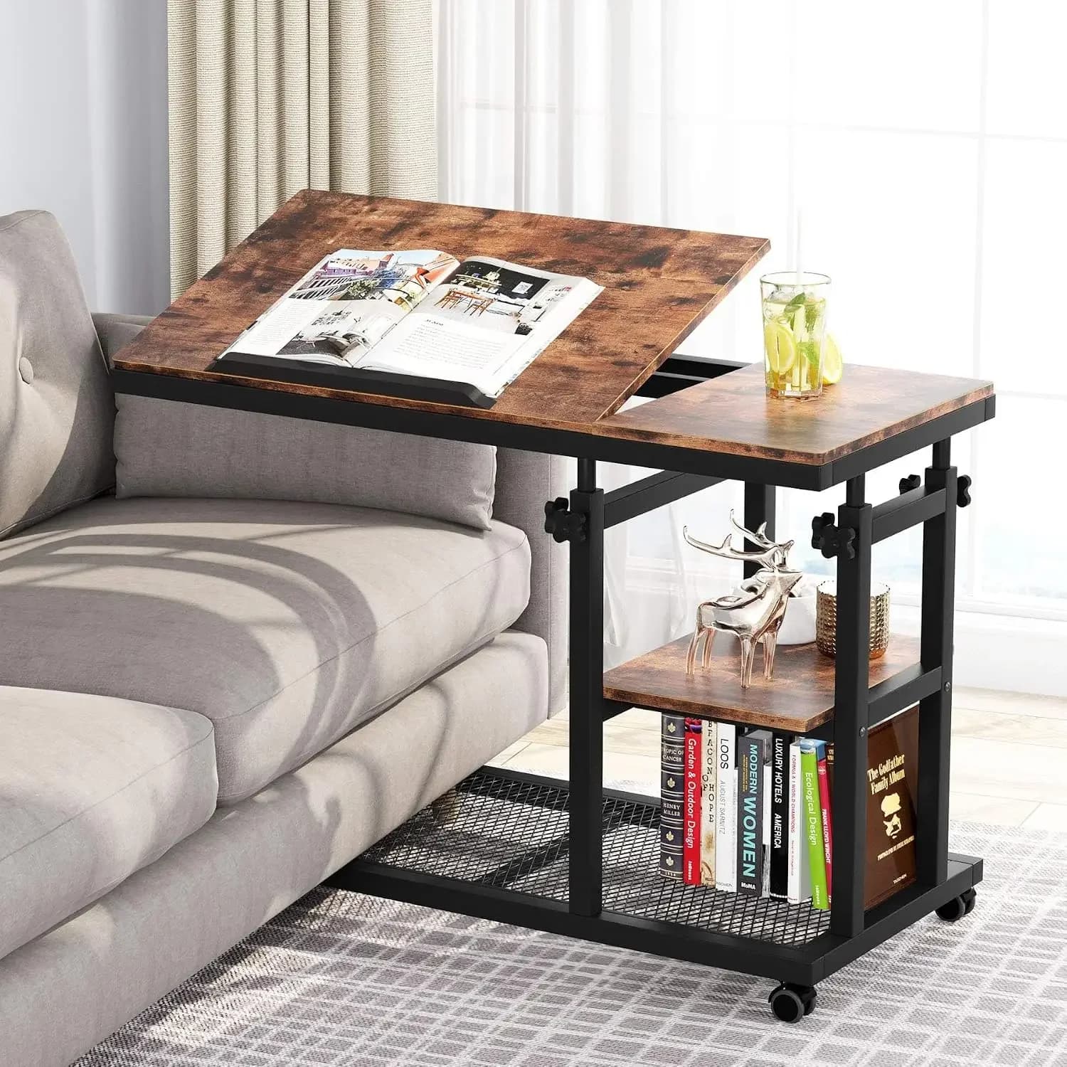 Height Adjustable C Table with Wheels, Mobile Couch Snack Side Table with Tiltable Drawing Board, Sofa Bedside Laptop Stand C