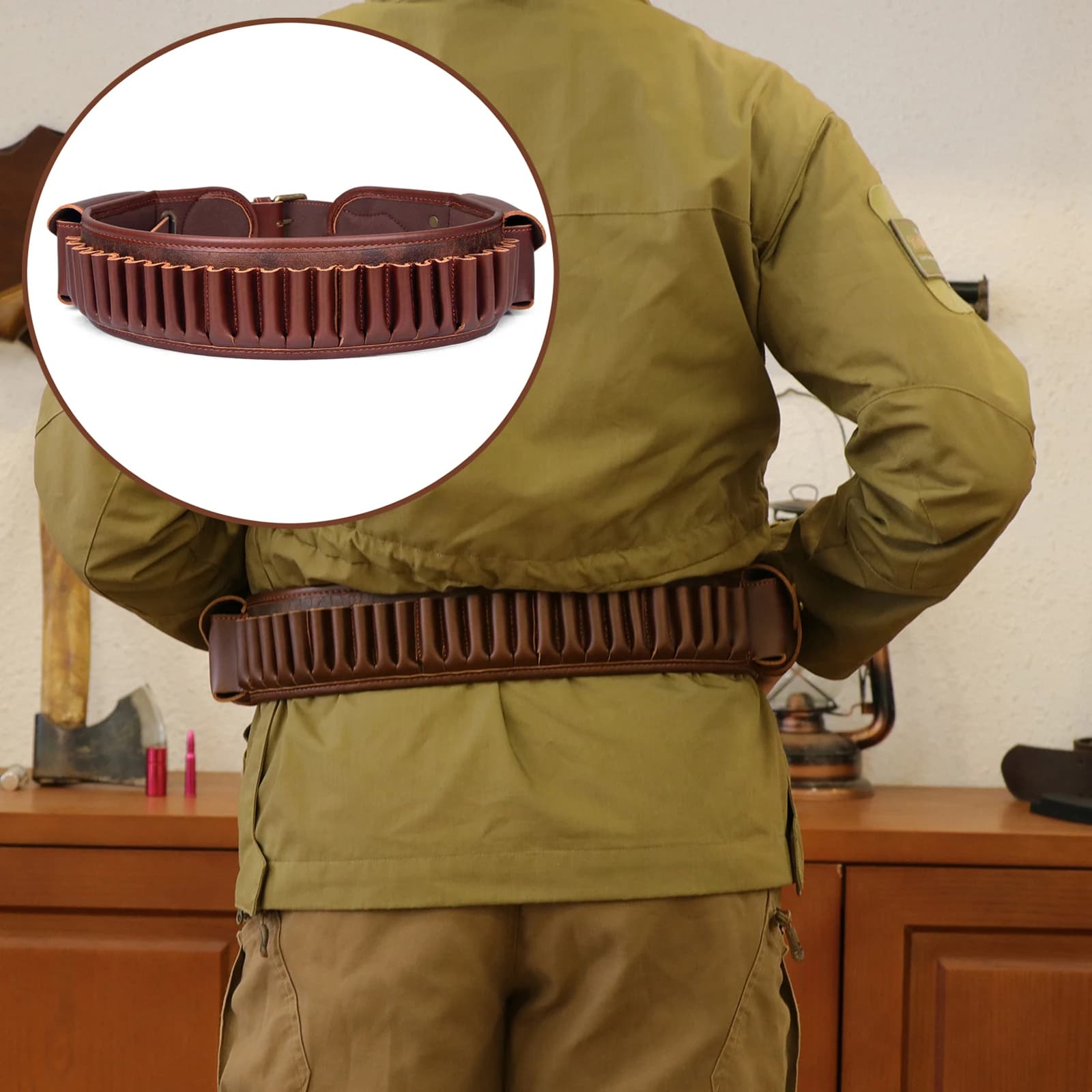 Tourbon410 Gauge Cartucce per munizioni Bandoliera Porta cintura in PU e pelle 25 colpi con tasca 34''-44'' Accessori da caccia marroni