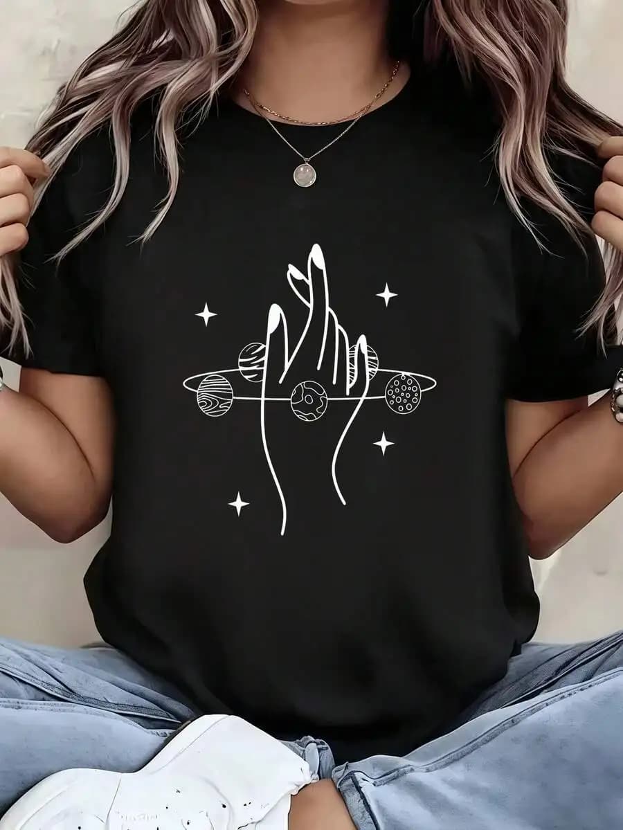 Women Crew Neck Short Sleeve T‑Shirt Celestial Hand Planet Graphic Print Black Summer Casual Tops