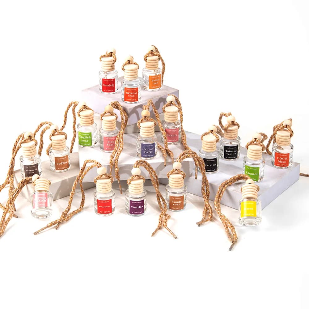 Car Air Freshener Hanging Bottle 8ml Wooden Cap Rope Perfume Diffuser Aromatherapy Oil Auto Interior Rear View Mirror Decor Gift