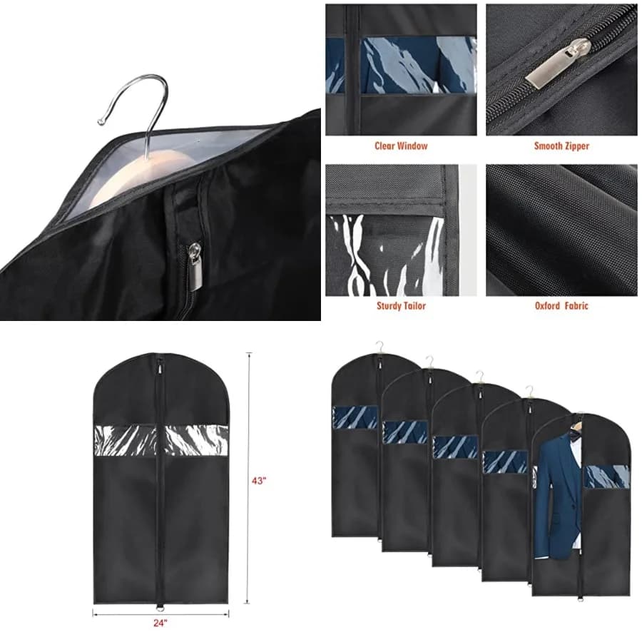 Borsa porta abiti da viaggio e per riporre vestiti, 43 pollici, copriabiti lavabile per t-shirt, giacche, completi, cappotti, set da 5, in tessuto Oxford.