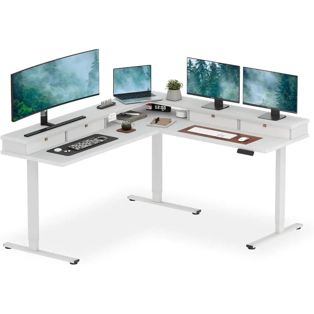 71 Scrivania a forma di L ad altezza regolabile, piano bianco, con 4 cassetti e supporto per monitor per giochi e lavori in piedi