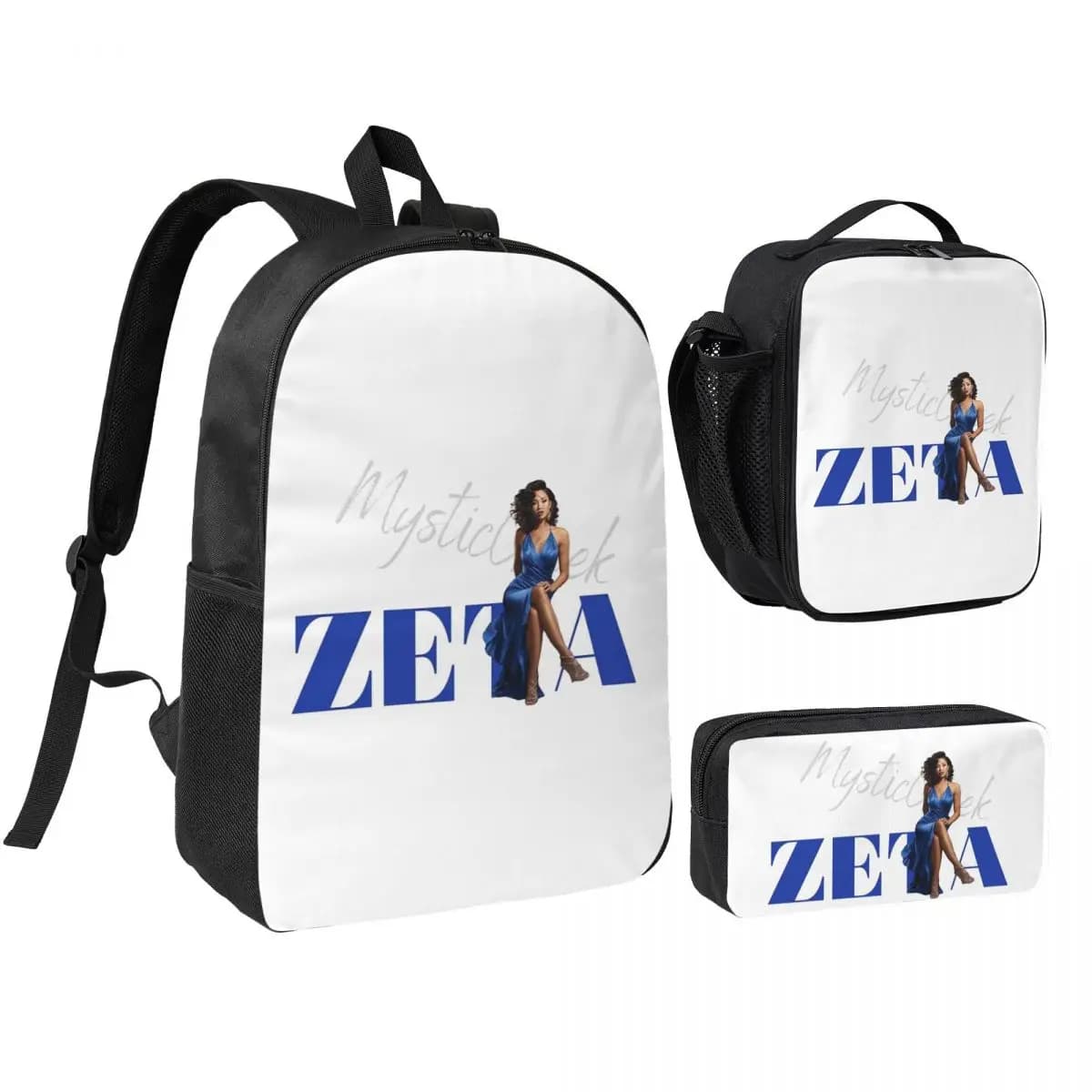 Set 3 Pezzi Zeta Phi Beta Sorority: Zaino con Lettere Greche 1920, Borsa a Tracolla e Borsa Termica Porta Pranzo con Astuccio