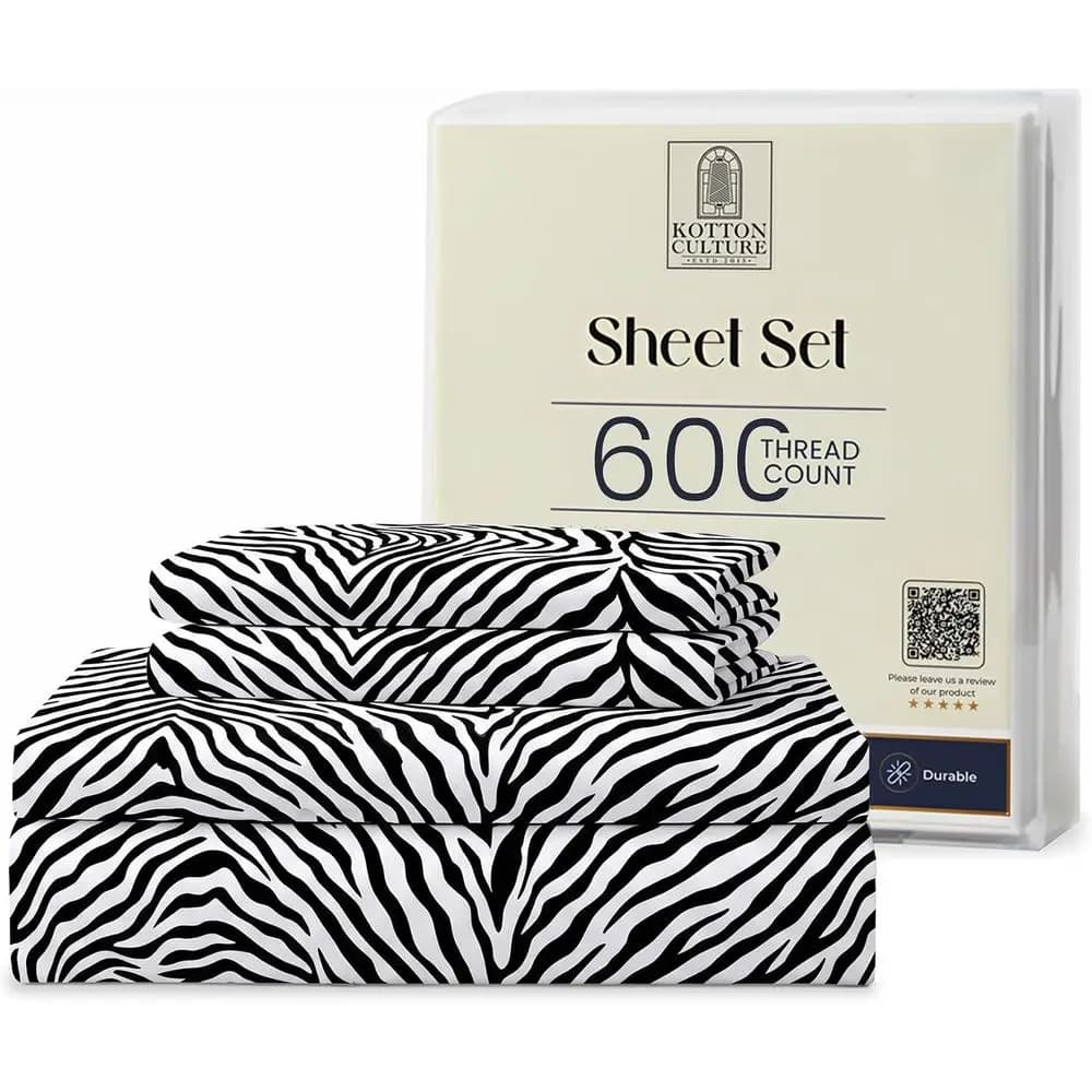 Bed Sheets 4 Piece 600 Thread Count 100% Egyptian Cotton Zebra Animal Print -Sot Cooling Cotton Luxury Hotel Sheets Thick with 1