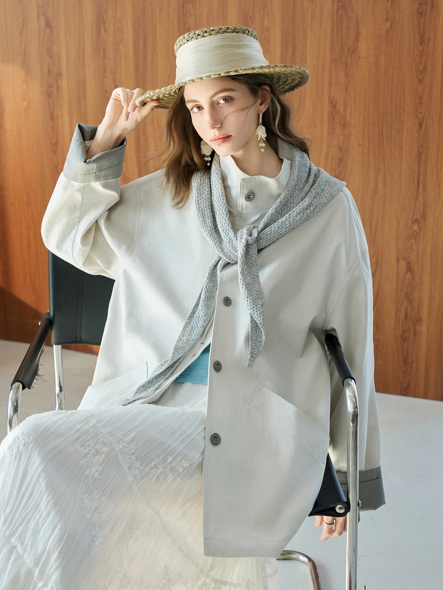 Giacca da donna Naguagu di media lunghezza, stile coreano, con sciarpa staccabile, in cotone, casual, per il pendolarismo, tinta unita, primavera autunno