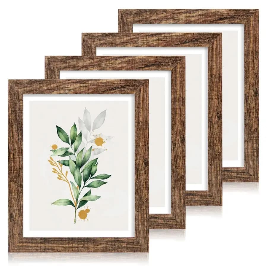 Set of 4 photo frames, made of glass and rustic brown wood, for 8x10 photos with passepartout or 11x14 poster without passepartout.