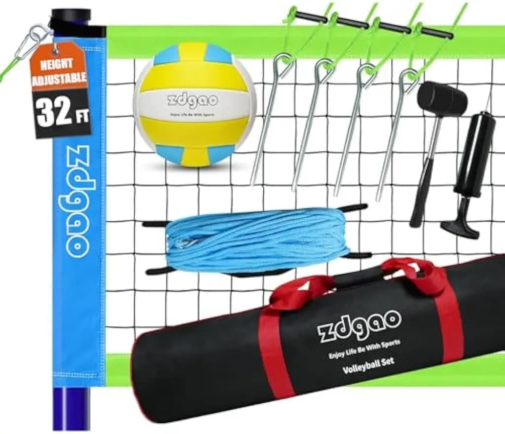 Adjustable portable volleyball net set with ball, pump and bag for transport for lawn games on the beach in the yard