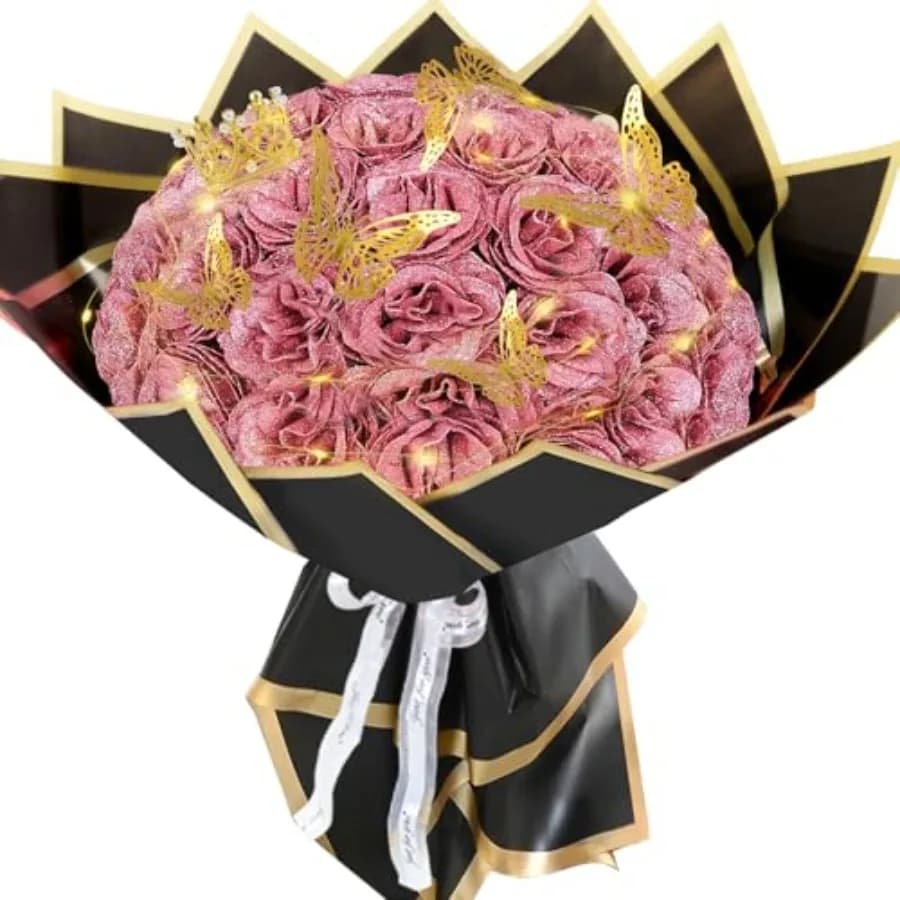 Bouquet di Rose Dorate Glitterate, Bouquet di Fiori Brillanti, Bouquet di Rose Artificiali Eterne Fai-da-Te per Natale, Compleanno