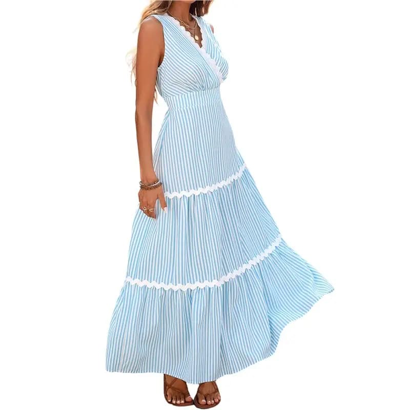 CYL-Women Striped Lace Patchwork V Neck Sleeveless High Waist Dress