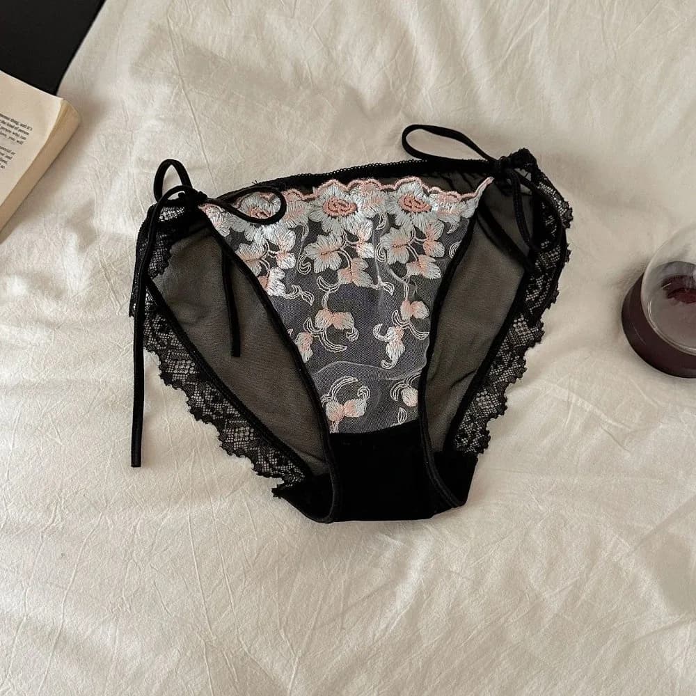 Lingerie Low Waist Embroidery Flower Panties Transparent Cotton Crotch Mesh Lace Briefs Sweet Lace-up Underwear Lady