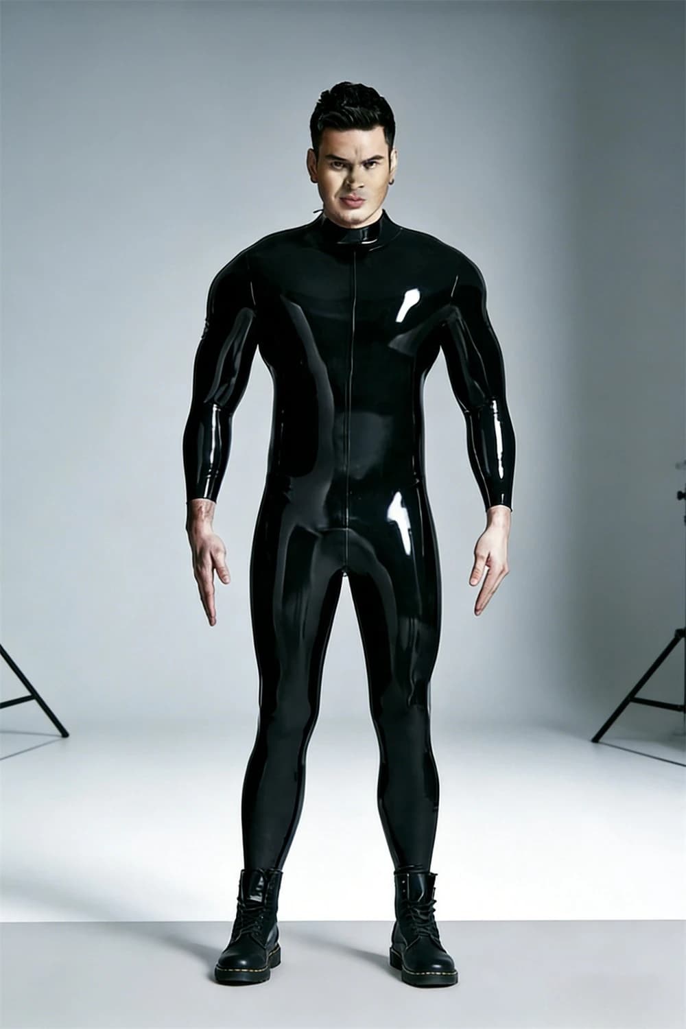 Black Latex Mens Full Body Rubber Catsuit Long Sleeve High Neck Style Front Full Zipper Tight Jumpsuit Cosplay Wear