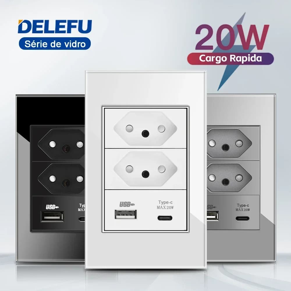 DELEFU Tempered Glass Panel Fast Charge Type C USB Socket White Black Gray 118*72mm Usb Wall Outlet 10A 20A Standard Brazil
