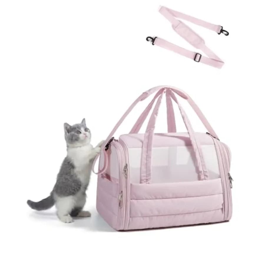 Cat Carrier: Soft-Sided Pet Carrier for Small Medium Cats Dogs Puppy Quilted Collapsible Puffy Travel Bag Up to 20 Lbs Pink