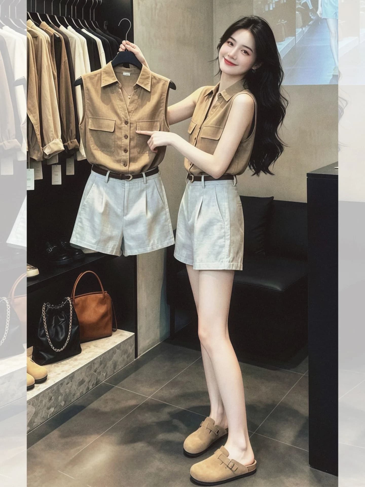Khaki Collared Vest And White Shorts Women's Summer High-End Design Unique Set Casual Wear Short Sleeve High Waist