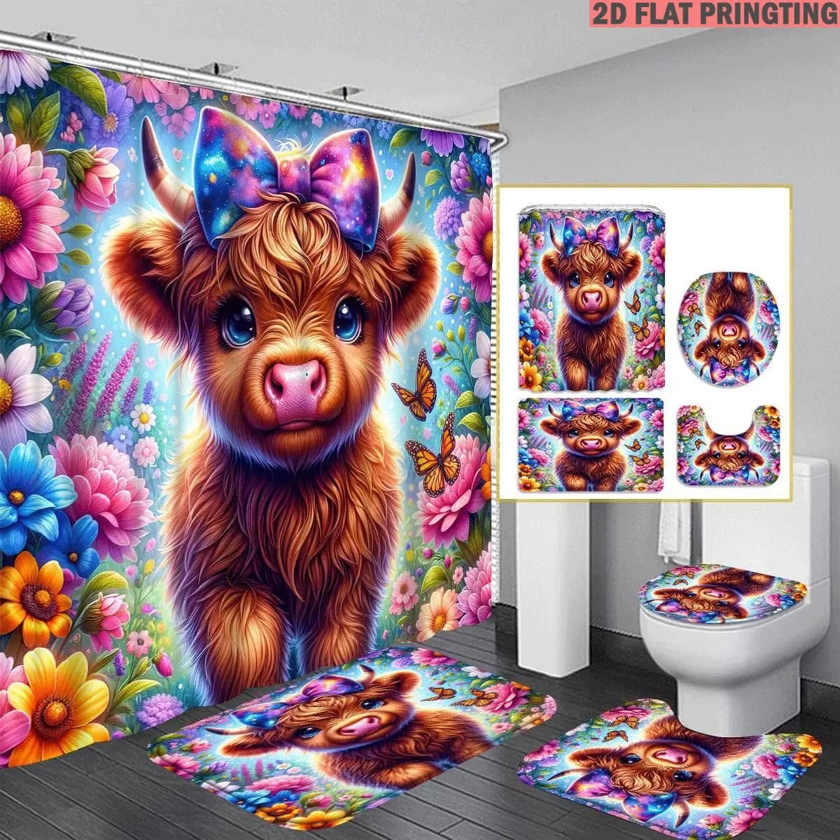 1pc/4pcs Shower Curtain and Bath Mat Set with print pattern Cute Cow With Bow And Flowers Non-Slip Bathroom Decor