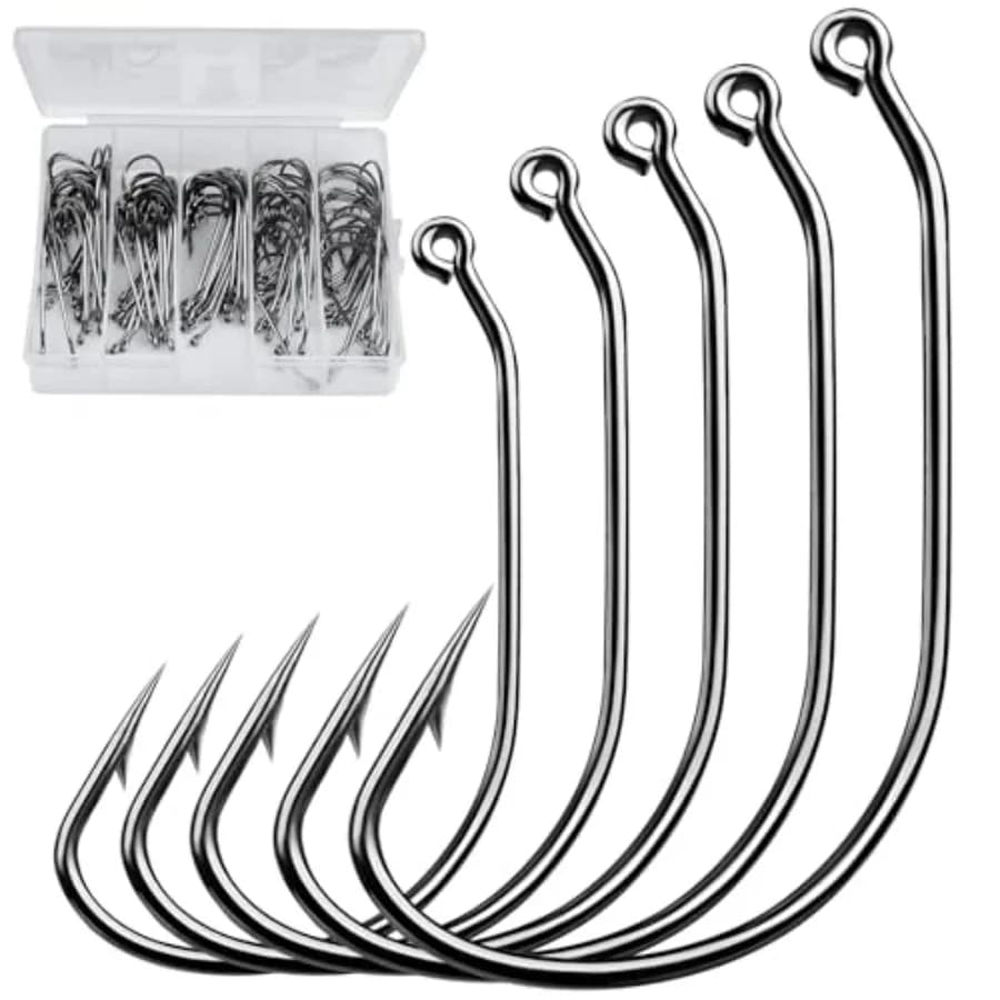 Bass fishing in freshwater and saltwater: EWG hook Texas rig, stainless steel, black, 100pcs with tackle box