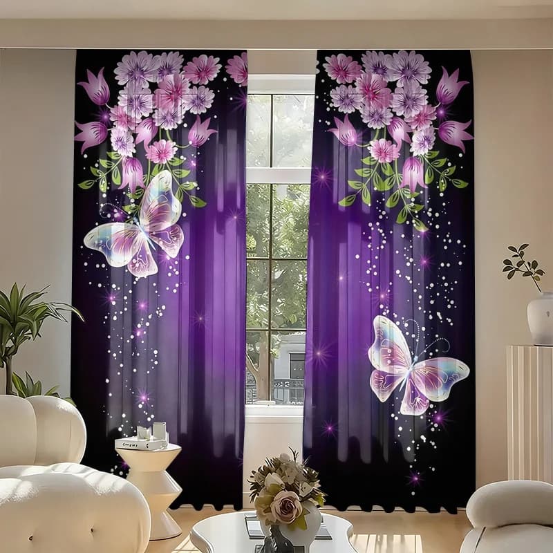 2 Pezzi di Tende Trasparenti con Stampa Floreale e Farfalle Viola, Tende Semitrasparenti in Poliestere con Tasca per Asta Stampate Digitalmente, Disponibili in Varie Misure per la Decorazione di Camera da Letto e Soggiorno
