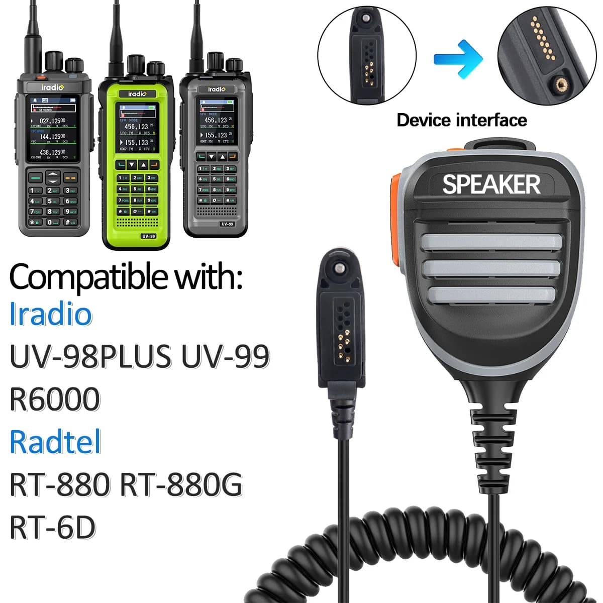 Walkie Talkie Microfono Altoparlante MIC Doppio PTT Compatibile Con Iradio UV-98 PLUS UV-99 R6000 Radtel RT-880 RT-880G RT-6D