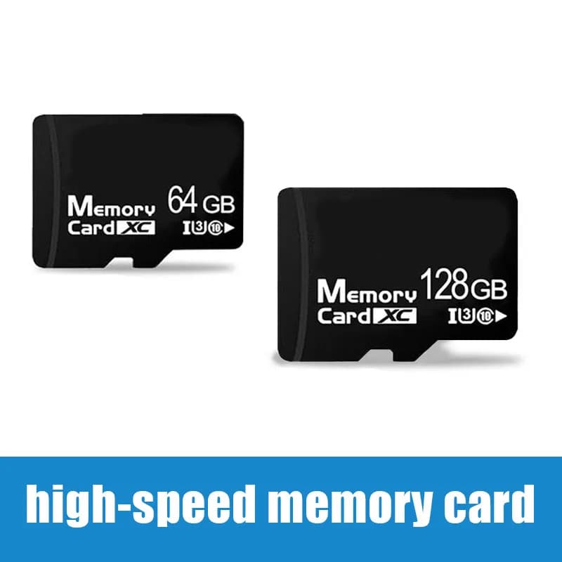 Sono incluse schede di memoria TF da 64GB e 128GB, insieme a un lettore di schede, adatte a vari dispositivi elettronici.