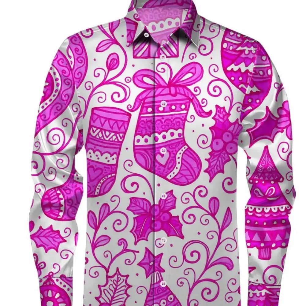 Men's plus Size Christmas Sock Print Casual Long Sleeve Shirt Fashionable Holiday Party Wear Gift Idea