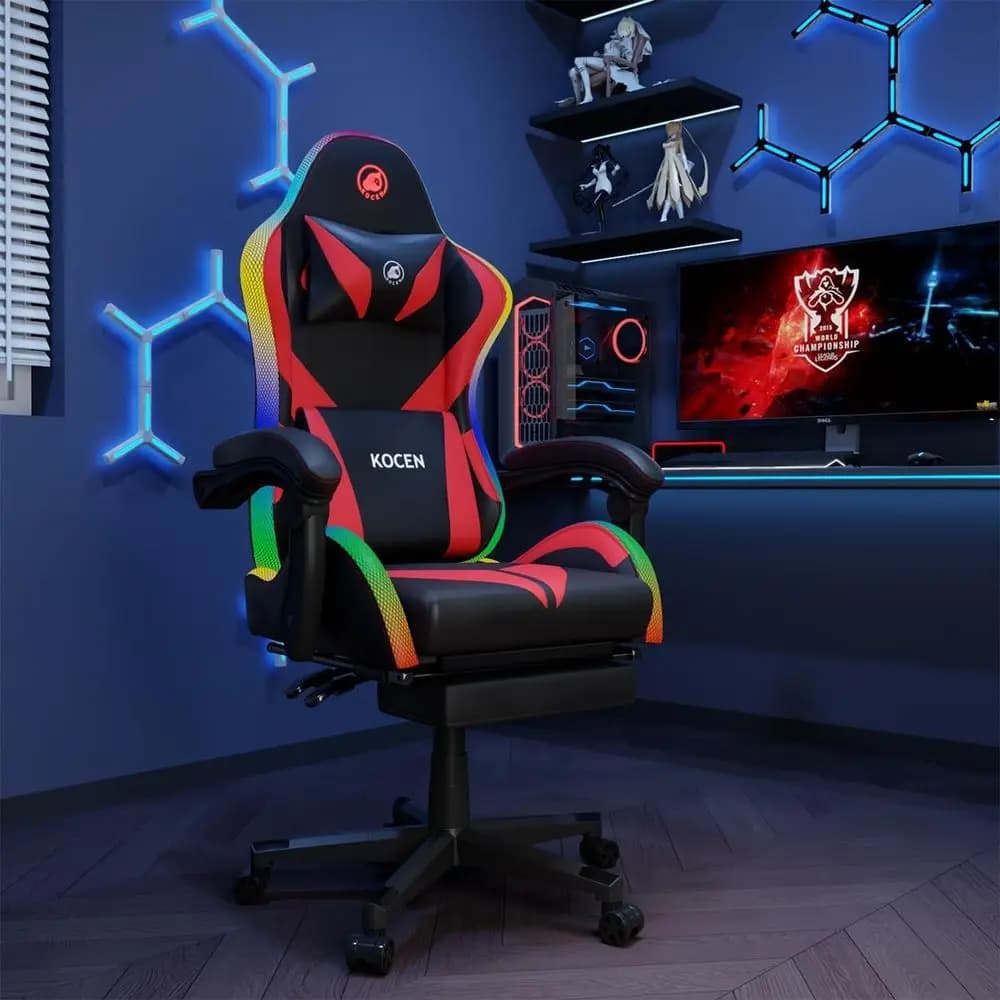 Sedie da gaming per adulti alti e bambini, supporto lombare, luci a LED, sedia da computer reclinabile con schienale alto e poggiapiedi (Nero+Rosso)