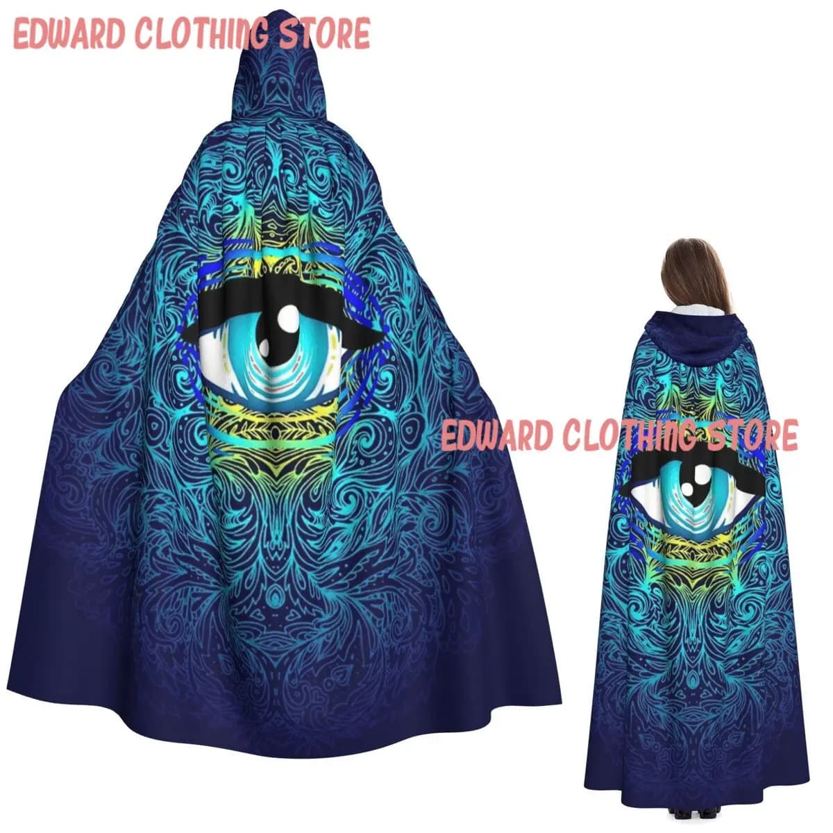 Gothic Eye Design Long Hooded Cloak Witch Medieval Costume Cosplay Cape HalloweenParty Adult Unisex